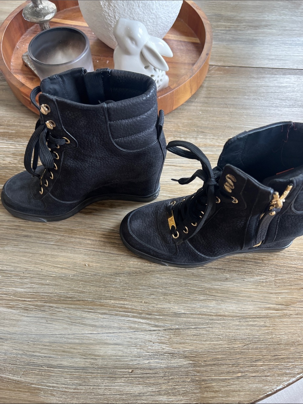 Louis Vuitton Black Lace-Up Wedge Ankle Boots with Gold Hardware - Picture 3 of 7